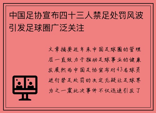 中国足协宣布四十三人禁足处罚风波引发足球圈广泛关注