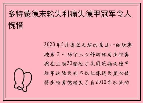 多特蒙德末轮失利痛失德甲冠军令人惋惜