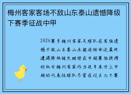 梅州客家客场不敌山东泰山遗憾降级下赛季征战中甲