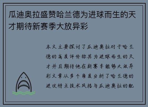 瓜迪奥拉盛赞哈兰德为进球而生的天才期待新赛季大放异彩