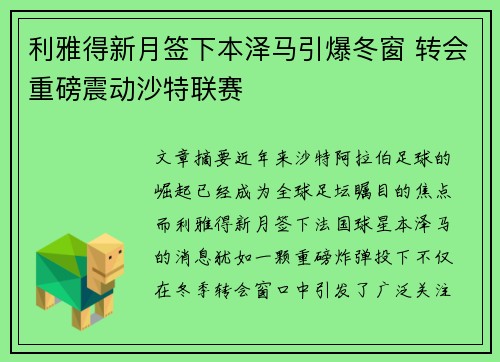 利雅得新月签下本泽马引爆冬窗 转会重磅震动沙特联赛